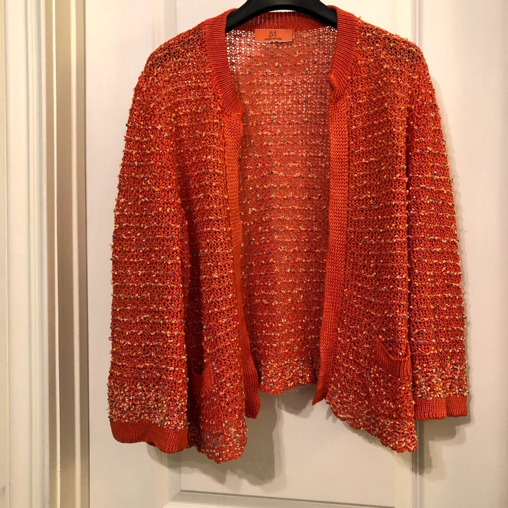 Swap Inside -Orange crochet open knit sweater cardigan size XL